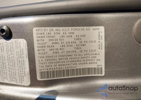 2010 Porsche Cayenne Gts z USA, uszkodzony, nr VIN WP1AD2AP9ALA60504